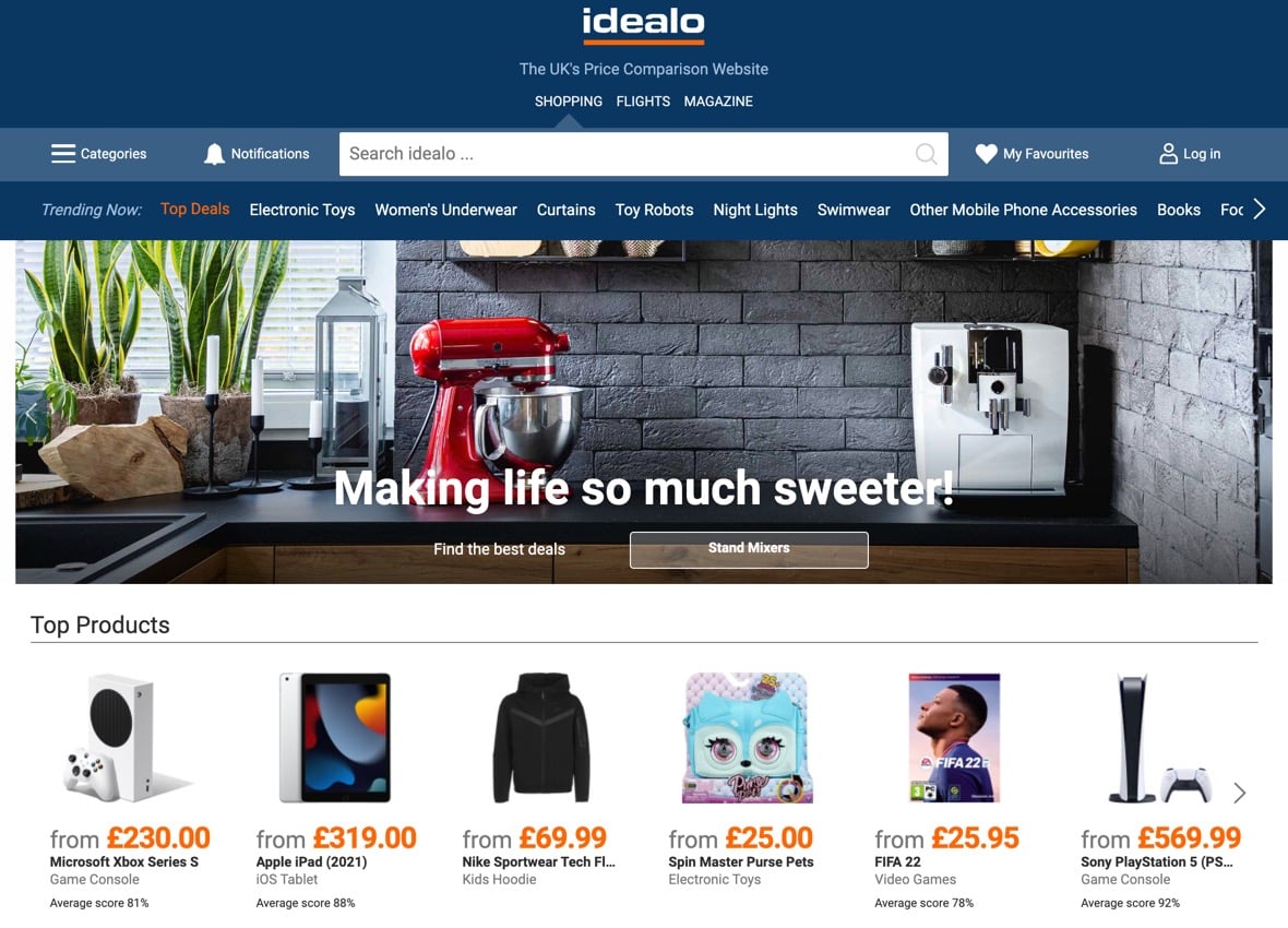 Idealo product comparison website homepage