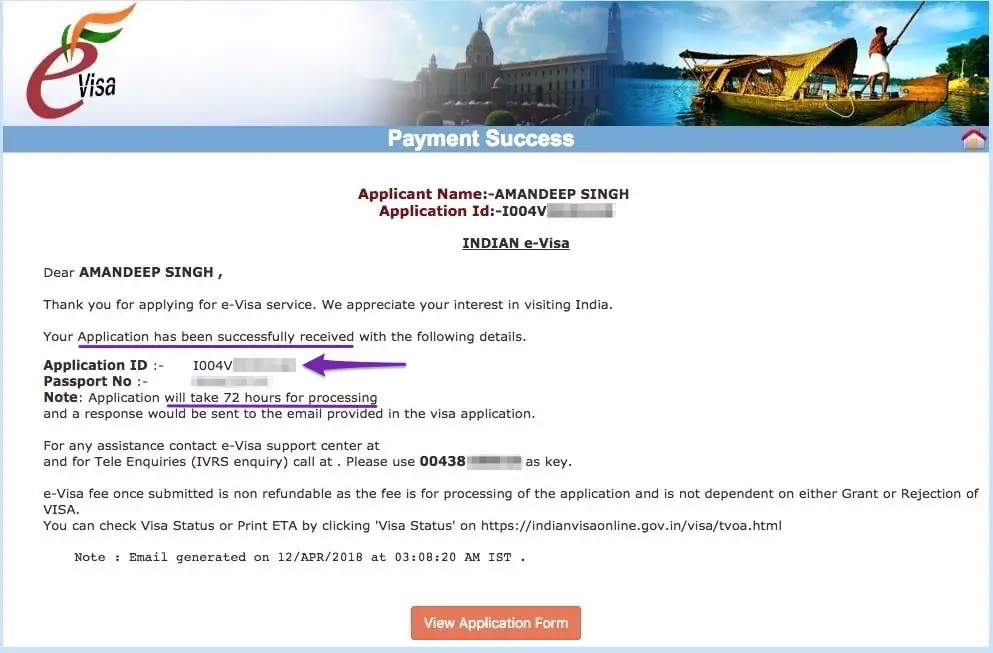 Indian eVisa Application Submit Confirmation Page - Payment Success