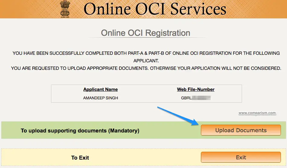 OCI Card Registration Upload Documents - Part-B Successful [OCI Step 11]
