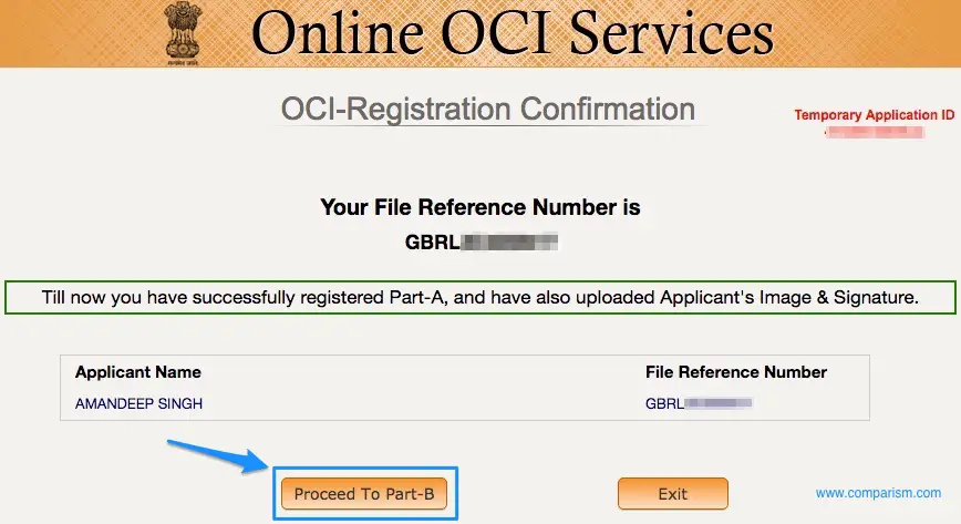 OCI Registration Proceed to Part B [OCI Step 8]