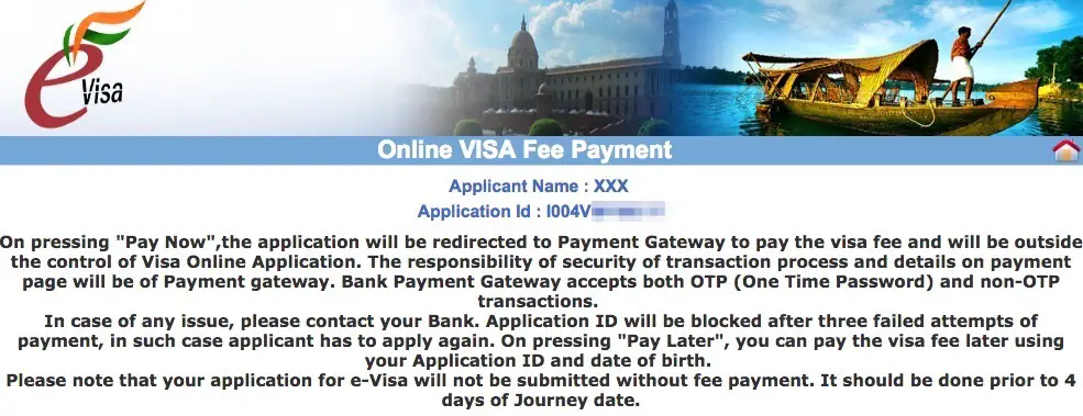 Online evisa fee payment page