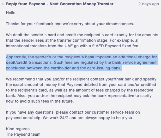 Paysend - additional fees charged by recipient bank comment by support team