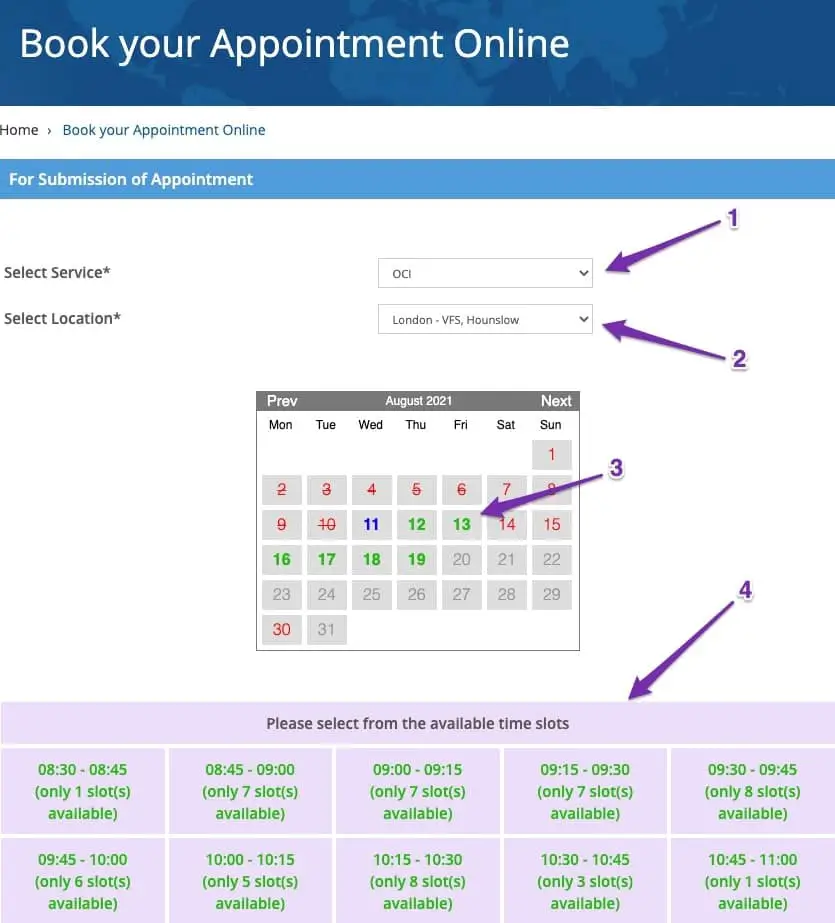 OCI Appointment Booking Selection High Commission of India Website - VFS UK