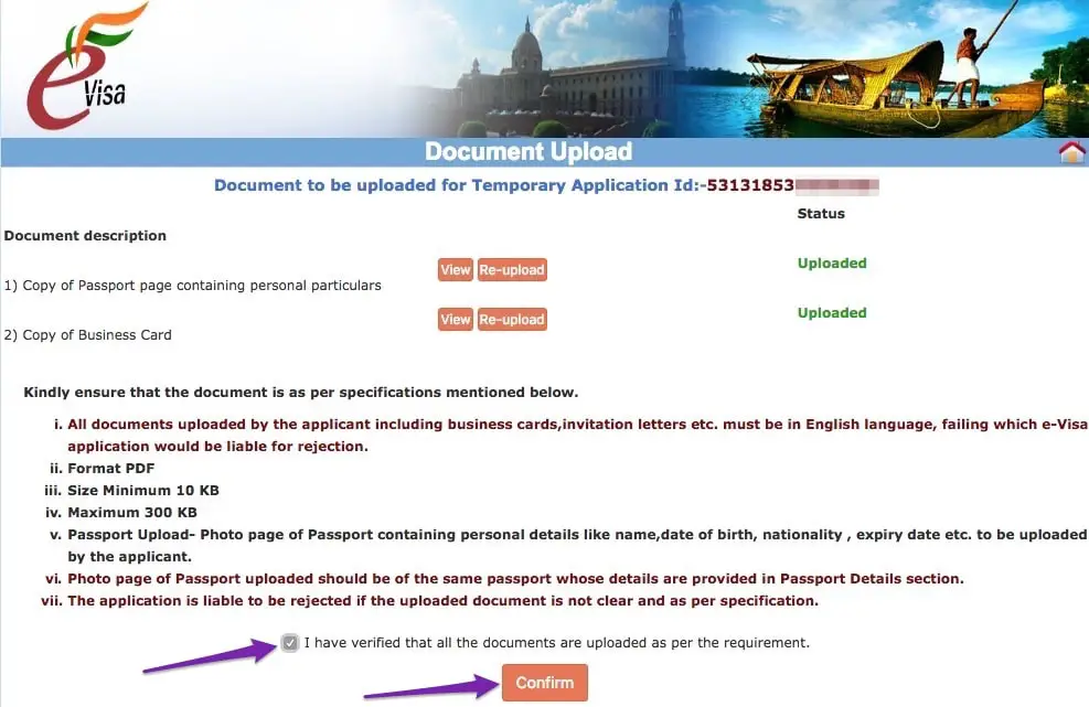 Indian eVisa application documents upload page