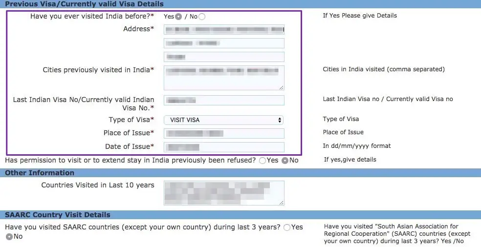 eVisa application previous visa details